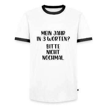 Mein Jahr in 3 Worten Bitte nicht nochmal - Männer Kontrast-T-Shirt - Weiß/Schwarz - Vorne - AI Model Female 172 light (172cm) & AI Model Male 178 dark (178cm)