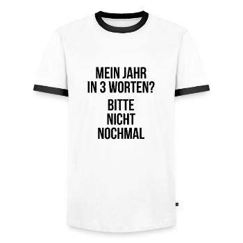 Mein Jahr in 3 Worten Bitte nicht nochmal - Männer Kontrast-T-Shirt - Weiß/Schwarz - Vorne - AI Model Female 172 light (172cm) & AI Model Male 178 dark (178cm)