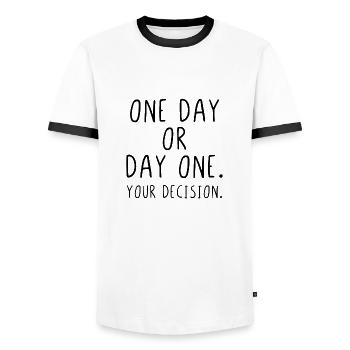 One day or day one your decision - Männer Kontrast-T-Shirt - Weiß/Schwarz - Vorne - AI Model Female 172 light (172cm) & AI Model Male 178 dark (178cm)