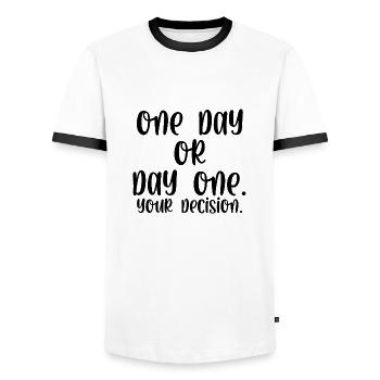 One day or day one your decision - Männer Kontrast-T-Shirt - Weiß/Schwarz - Vorne - AI Model Female 172 light (172cm) & AI Model Male 178 dark (178cm)