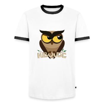 Hiboude, il Boude le Hibou Grincheux - T-shirt contrasté Homme - blanc/noir - Devant - AI Model Female 172 light (172cm) & AI Model Male 178 dark (178cm)