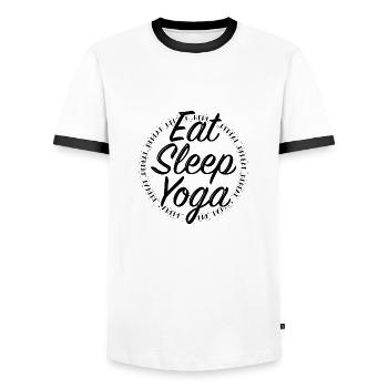 Eating, Sleeping, Yoga, Repeating - Wellness Routine - Men's Ringer Shirt - white/black - Front - AI Model Female 172 light (172cm) & AI Model Male 178 dark (178cm)