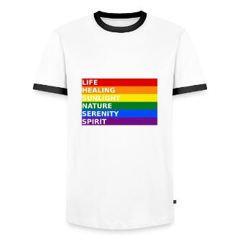 LGBT Gay Pride Rainbow Colors Slogan Flag - Men's Ringer Shirt - white/black - Front - AI Model Female 172 light (172cm) & AI Model Male 178 dark (178cm)