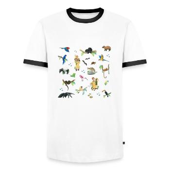 the three researchers in Brazil - Men's Ringer Shirt - white/black - Front - AI Model Female 172 light (172cm) & AI Model Male 178 dark (178cm)
