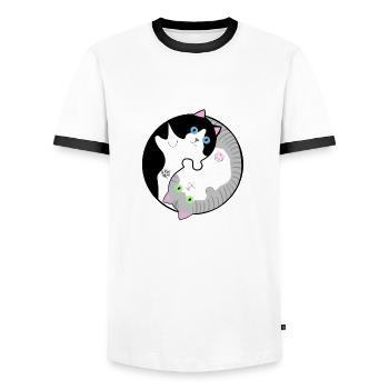 Schwarz-weiße und grau-getigerte Katzen Yin-Yang - Männer Kontrast-T-Shirt - Weiß/Schwarz - Vorne - AI Model Female 172 light (172cm) & AI Model Male 178 dark (178cm)