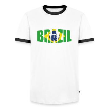 Brazilian Soccer , football team, Soccer 2022 - Men's Ringer Shirt - white/black - Front - AI Model Female 172 light (172cm) & AI Model Male 178 dark (178cm)