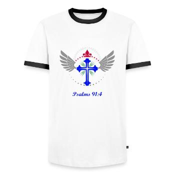 Psalm 91:4, cross, religious, wings, crown, appearance - Men's Ringer Shirt - white/black - Front - AI Model Female 172 light (172cm) & AI Model Male 178 dark (178cm)
