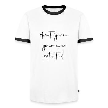 Dont ignore your own potential - Men's Ringer Shirt - white/black - Front - AI Model Female 172 light (172cm) & AI Model Male 178 dark (178cm)