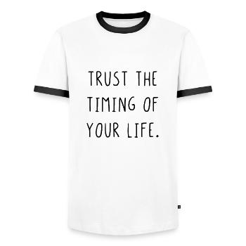 Trust the timing of your life - Men's Ringer Shirt - white/black - Front - AI Model Female 172 light (172cm) & AI Model Male 178 dark (178cm)