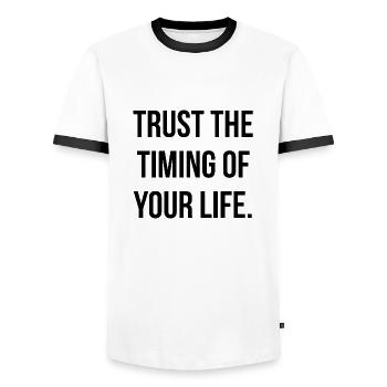 Trust the timing of your life - Men's Ringer Shirt - white/black - Front - AI Model Female 172 light (172cm) & AI Model Male 178 dark (178cm)