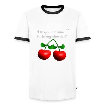 My cherries - Men's Ringer Shirt - white/black - Front - AI Model Female 172 light (172cm) & AI Model Male 178 dark (178cm)