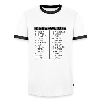 Phonetic alphabet - Men's Ringer Shirt - white/black - Front - AI Model Female 172 light (172cm) & AI Model Male 178 dark (178cm)