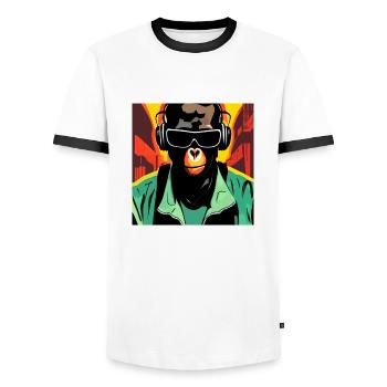 Monkey listening to music with headphones - Men's Ringer Shirt - white/black - Front - AI Model Female 172 light (172cm) & AI Model Male 178 dark (178cm)