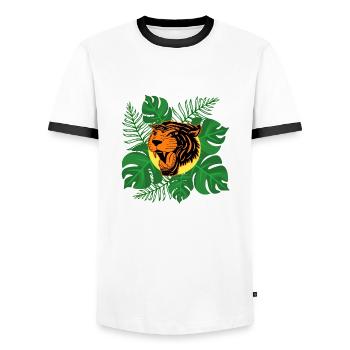Tiger Jungle Roar Monstera Leaves Gift - Men's Ringer Shirt - white/black - Front - AI Model Female 172 light (172cm) & AI Model Male 178 dark (178cm)