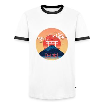 Japan Fuji Kirschblüte Schriftzug Nihon Torii - 日本 - Männer Kontrast-T-Shirt - Weiß/Schwarz - Vorne - AI Model Female 172 light (172cm) & AI Model Male 178 dark (178cm)