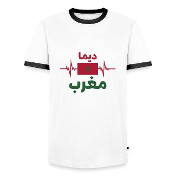 Morocco Football 2022 Morocco Heartbeat Morocco - Men's Ringer Shirt - white/black - Front - AI Model Female 172 light (172cm) & AI Model Male 178 dark (178cm)