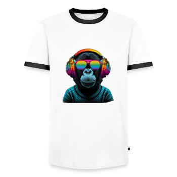 Regenbogen Affe mit Kopfhörer - Männer Kontrast-T-Shirt - Weiß/Schwarz - Vorne - AI Model Female 172 light (172cm) & AI Model Male 178 dark (178cm)