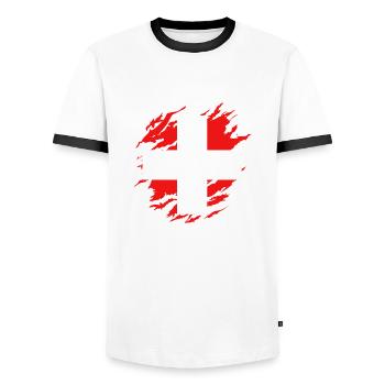 Schweizer Flagge unter Zerrissen - Männer Kontrast-T-Shirt - Weiß/Schwarz - Vorne - AI Model Female 172 light (172cm) & AI Model Male 178 dark (178cm)