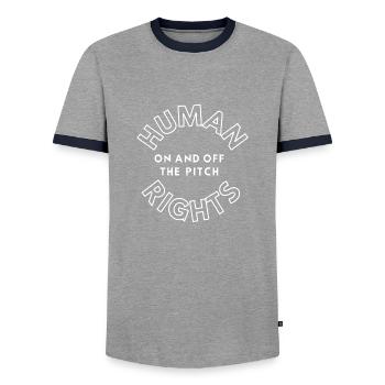 Human rights, Katar, WM, Fußball - Männer Kontrast-T-Shirt - Grau/Navy  - Vorne - AI Model Female 172 light (172cm) & AI Model Male 178 light (178cm)