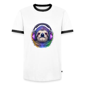 Cool paresseux avec des écouteurs écoute de la musique - T-shirt contrasté Homme - blanc/noir - Devant - AI Model Female 172 light (172cm) & AI Model Male 178 dark (178cm)