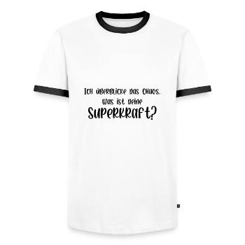 Ich überblicke das Chaos was ist deine Superkraft - Männer Kontrast-T-Shirt - Weiß/Schwarz - Vorne - AI Model Female 172 light (172cm) & AI Model Male 178 dark (178cm)