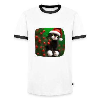 Katze in Weihnachtsmütze und mit Seifenblasen - Männer Kontrast-T-Shirt - Weiß/Schwarz - Vorne - AI Model Female 172 light (172cm) & AI Model Male 178 dark (178cm)