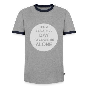 leave me alone day - Men's Ringer Shirt - grey/navy  - Front - AI Model Female 172 light (172cm) & AI Model Male 178 light (178cm)