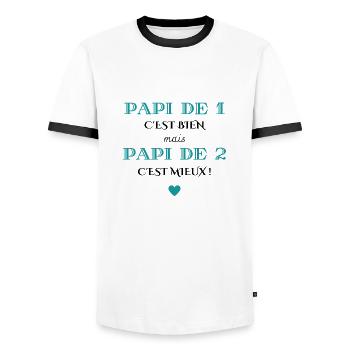 papi de 1 c'est bien mais de 2 c'est mieux - T-shirt contrasté Homme - blanc/noir - Devant - AI Model Female 172 light (172cm) & AI Model Male 178 dark (178cm)