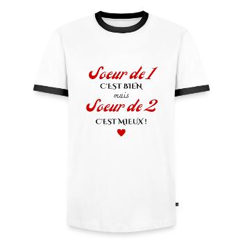 sœur de 1 c'est bien mais de 2 c'est mieux - T-shirt contrasté Homme - blanc/noir - Devant - AI Model Female 172 light (172cm) & AI Model Male 178 dark (178cm)