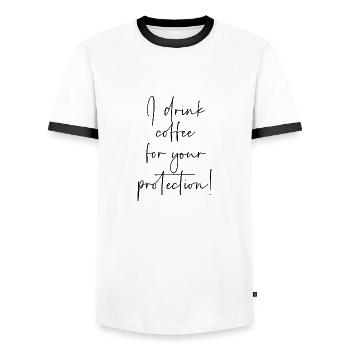 I drink coffee for your protection - Men's Ringer Shirt - white/black - Front - AI Model Female 172 light (172cm) & AI Model Male 178 dark (178cm)