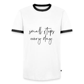 Des petits pas chaque jour - T-shirt contrasté Homme - blanc/noir - Devant - AI Model Female 172 light (172cm) & AI Model Male 178 dark (178cm)