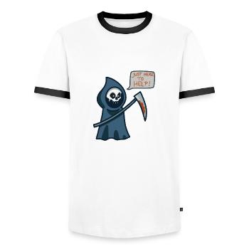 JUST HERE TO HELP - Men's Ringer Shirt - white/black - Front - AI Model Female 172 light (172cm) & AI Model Male 178 dark (178cm)