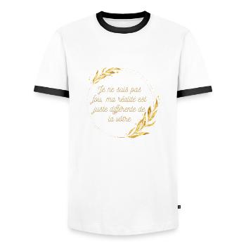 Je ne suis pas fou ma réalité est juste différente - T-shirt contrasté Homme - blanc/noir - Devant - AI Model Female 172 light (172cm) & AI Model Male 178 dark (178cm)