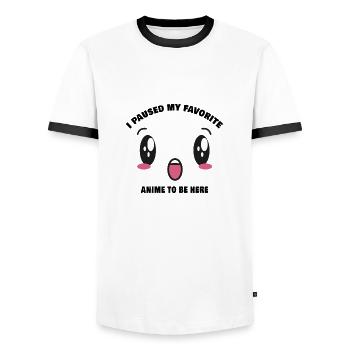 I paused my favorite anime to be here - T-shirt contrasté Homme - blanc/noir - Devant - AI Model Female 172 light (172cm) & AI Model Male 178 dark (178cm)