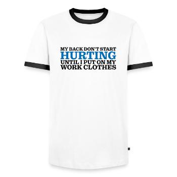 My Back Don't Start Hurting Until Work 4 - Men's Ringer Shirt - white/black - Front - AI Model Female 172 light (172cm) & AI Model Male 178 dark (178cm)