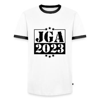 JGA 2023 Team Bräutigam - Junggesellenabschied - Männer Kontrast-T-Shirt - Weiß/Schwarz - Vorne - AI Model Female 172 light (172cm) & AI Model Male 178 dark (178cm)