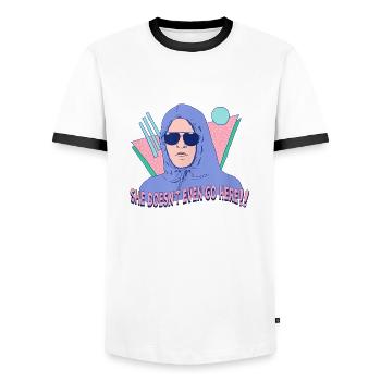 She Doesn't Even Go Here - Men's Ringer Shirt - white/black - Front - AI Model Female 172 light (172cm) & AI Model Male 178 dark (178cm)