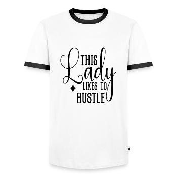 Cette dame aime se bousculer - T-shirt contrasté Homme - blanc/noir - Devant - AI Model Female 172 light (172cm) & AI Model Male 178 dark (178cm)