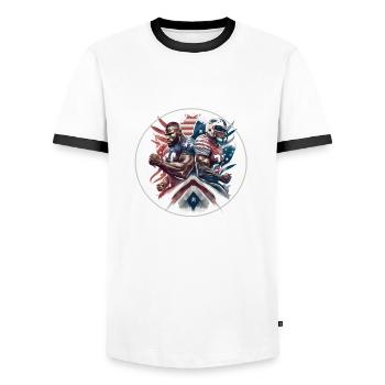 American Football - Spieler - Logo - Touchdown - Männer Kontrast-T-Shirt - Weiß/Schwarz - Vorne - AI Model Female 172 light (172cm) & AI Model Male 178 dark (178cm)