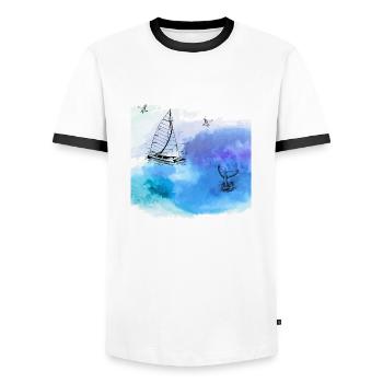 Watercolour: Adventure Ocean - Men's Ringer Shirt - white/black - Front - AI Model Female 172 light (172cm) & AI Model Male 178 dark (178cm)