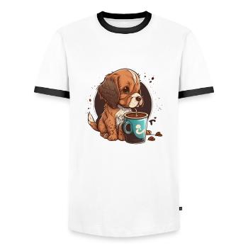 Cute Dog Drinking Coffee - Men's Ringer Shirt - white/black - Front - AI Model Female 172 light (172cm) & AI Model Male 178 dark (178cm)