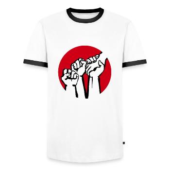 fists1a - Men's Ringer Shirt - white/black - Front - AI Model Female 172 light (172cm) & AI Model Male 178 dark (178cm)