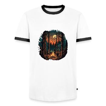 Campfire at night in the forest - Men's Ringer Shirt - white/black - Front - AI Model Female 172 light (172cm) & AI Model Male 178 dark (178cm)