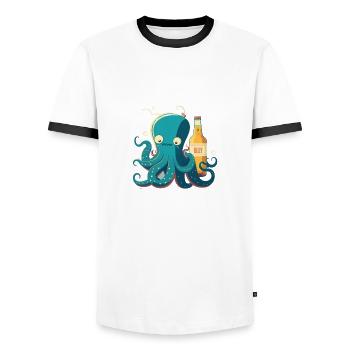 Funny squid with beer - Men's Ringer Shirt - white/black - Front - AI Model Female 172 light (172cm) & AI Model Male 178 dark (178cm)