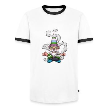 Funny Gnome Smoking A Joint - Men's Ringer Shirt - white/black - Front - AI Model Female 172 light (172cm) & AI Model Male 178 dark (178cm)