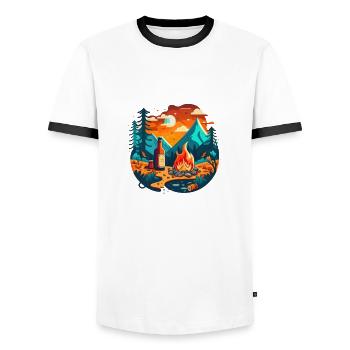 Outdoor camping with campfire and beer - Men's Ringer Shirt - white/black - Front - AI Model Female 172 light (172cm) & AI Model Male 178 dark (178cm)