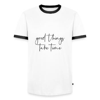 Good things take time - Men's Ringer Shirt - white/black - Front - AI Model Female 172 light (172cm) & AI Model Male 178 dark (178cm)