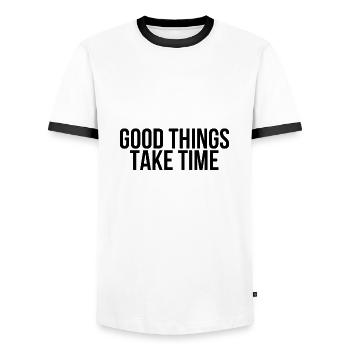 Good things take time - Men's Ringer Shirt - white/black - Front - AI Model Female 172 light (172cm) & AI Model Male 178 dark (178cm)