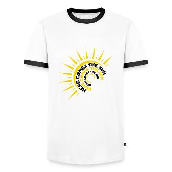 HERE COMES THE SUN - Men's Ringer Shirt - white/black - Front - AI Model Female 172 light (172cm) & AI Model Male 178 dark (178cm)