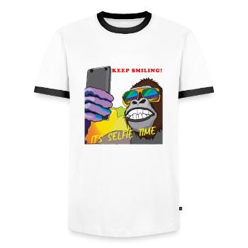 Drôle de gorille fait un cadeau selfie - T-shirt contrasté Homme - blanc/noir - Devant - AI Model Female 172 light (172cm) & AI Model Male 178 dark (178cm)